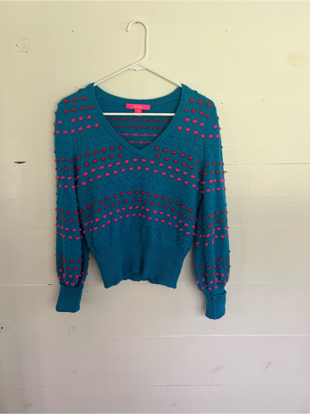Lilly Pulitzer Teal V-Neck Sweater with Pink Dot Accents